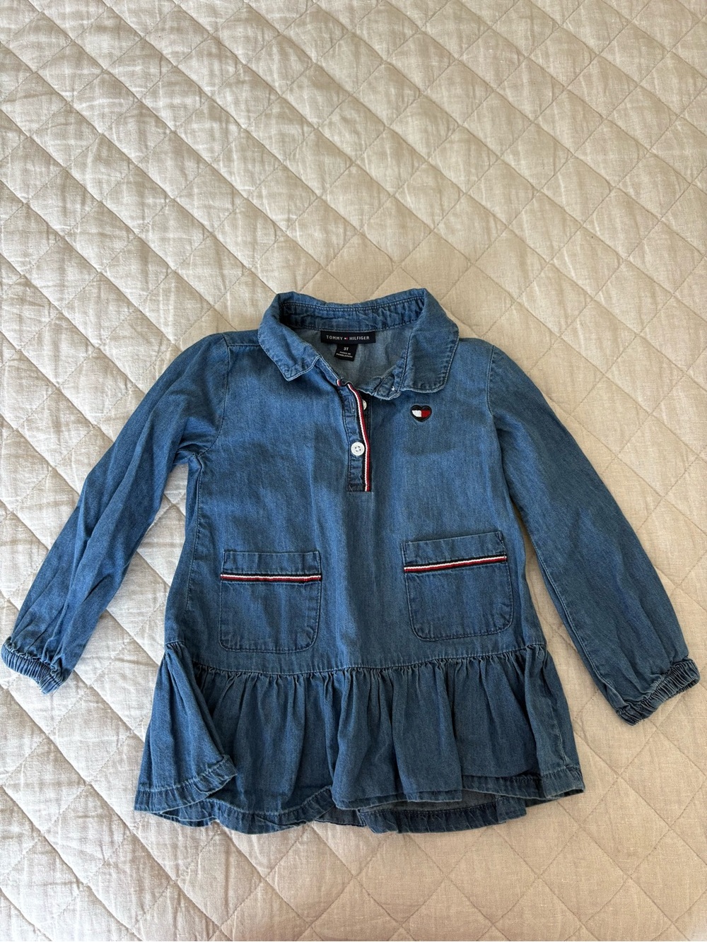 Tommy Hilfiger Girls' Blue Denim Dress with Red and White Trim